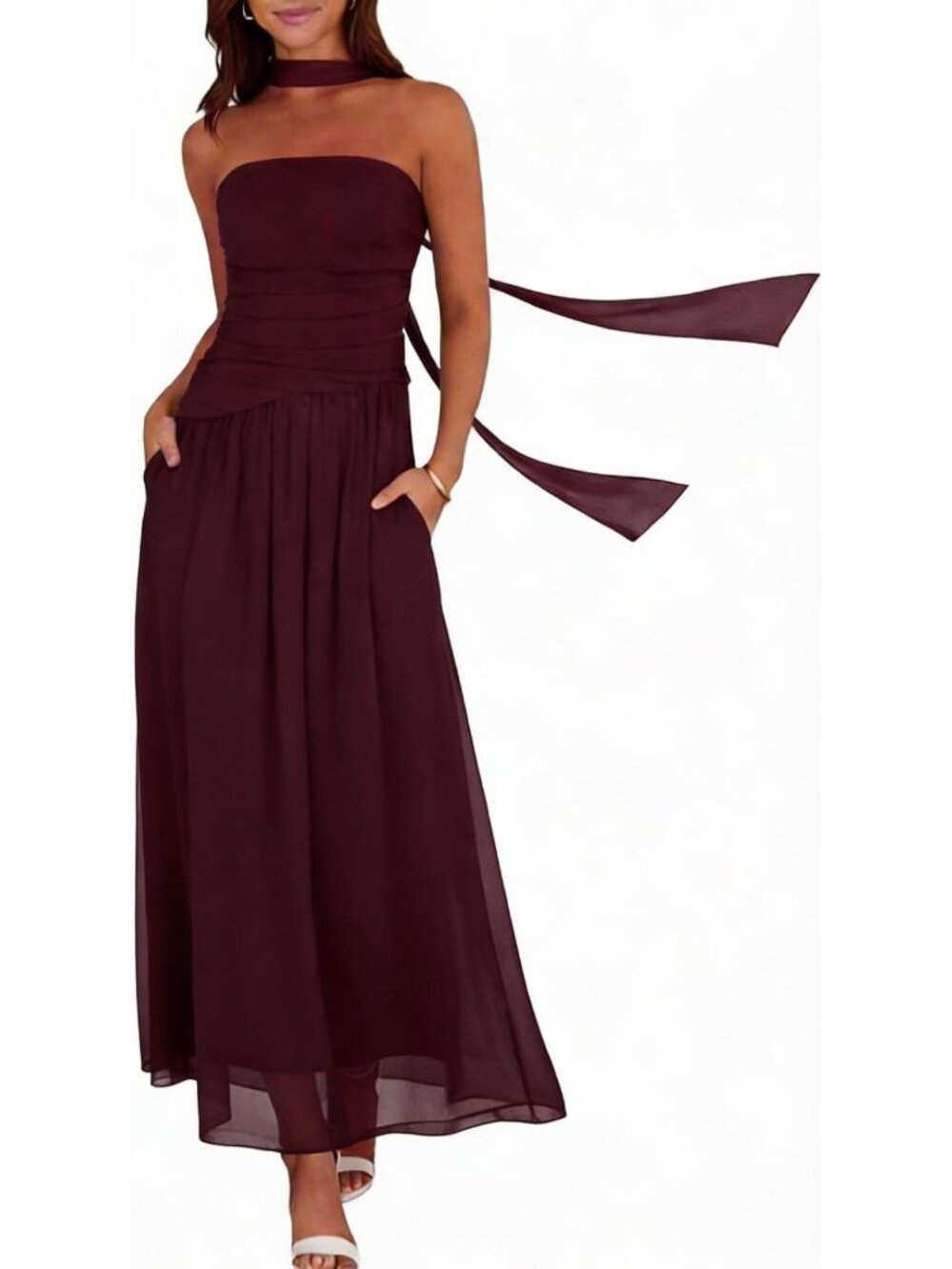 Stylish Summer Maxi Dress for Women - Strapless Ruched Tube with Scarf